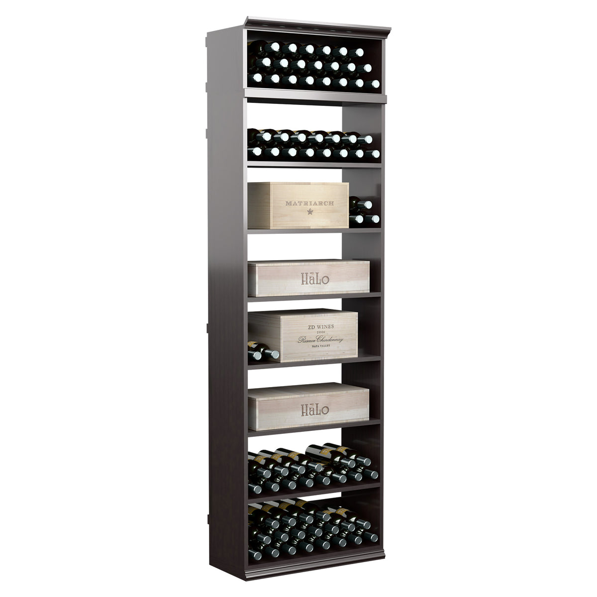 Dark grey 7ft rectangular wine and case bin with wine bottle holders on stepped shelves