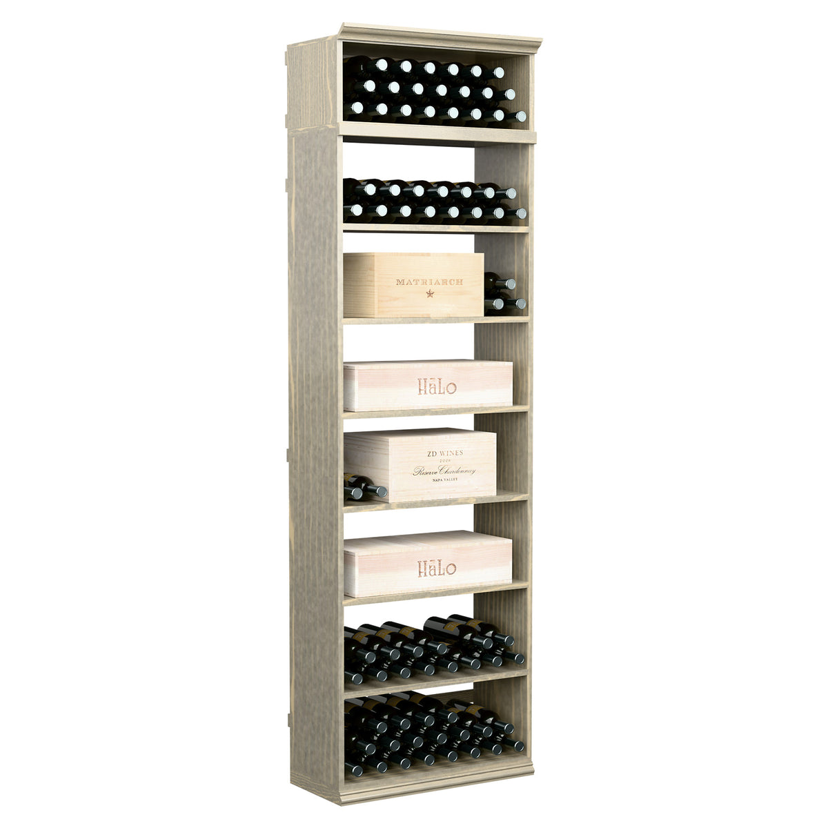 Wine bottle storage cabinet with open cubbies for bottles, white-wash finish