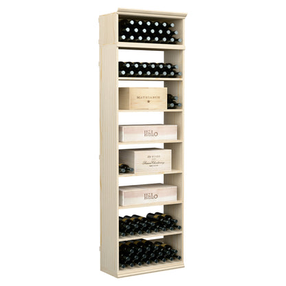 Wine bottle storage cabinet with tiered bottle racks and label slots, light wood finish
