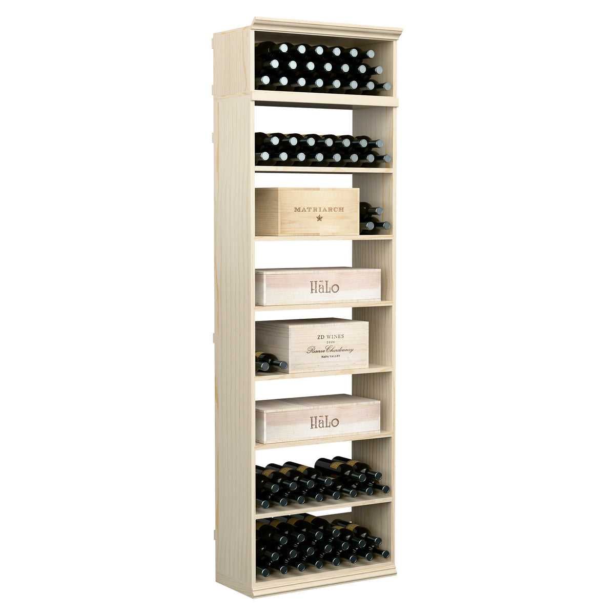 Wine bottle storage cabinet with bottle rows and horizontal label shelves, light wood