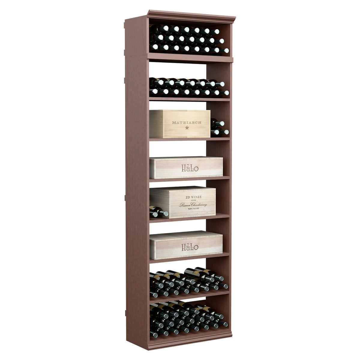 Wine bottle storage cabinet with tiered bottle racks and label slots, dark brown finish