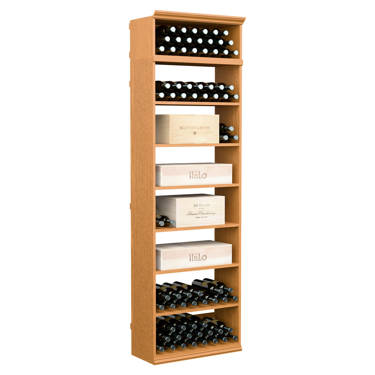Wine bottle storage cabinet with tiered bottle rows and label shelves, natural wood finish