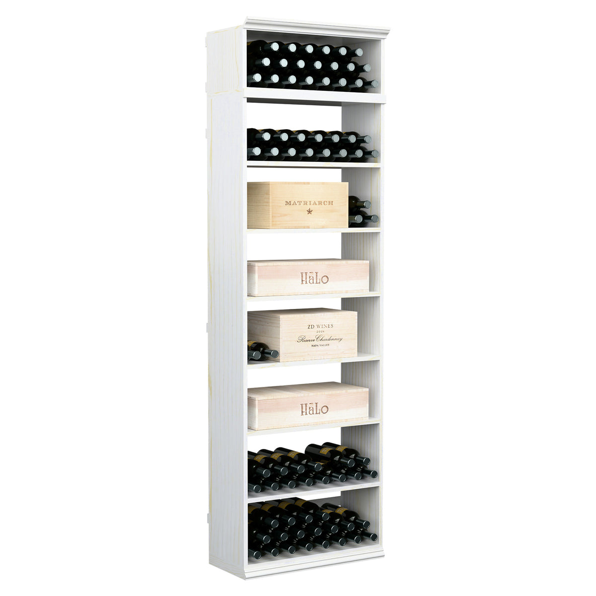 Wine bottle storage cabinet with open cubbies for wine bottles and label shelves, light gray