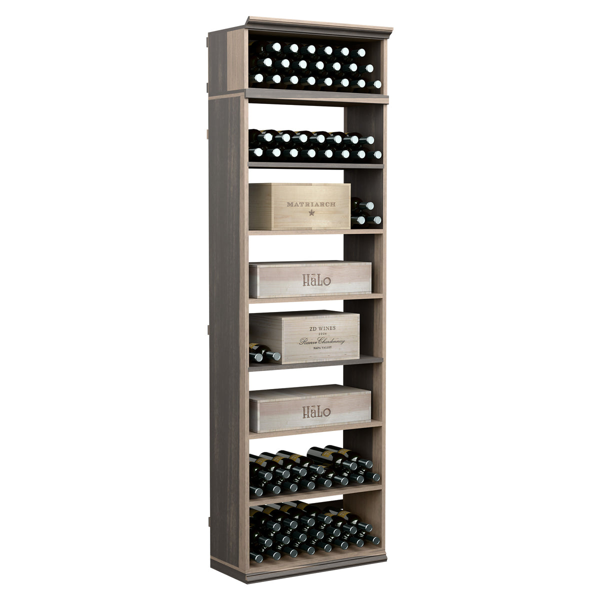 Dark wood wine bottle storage cabinet with stacked horizontal bottle racks and shelves.