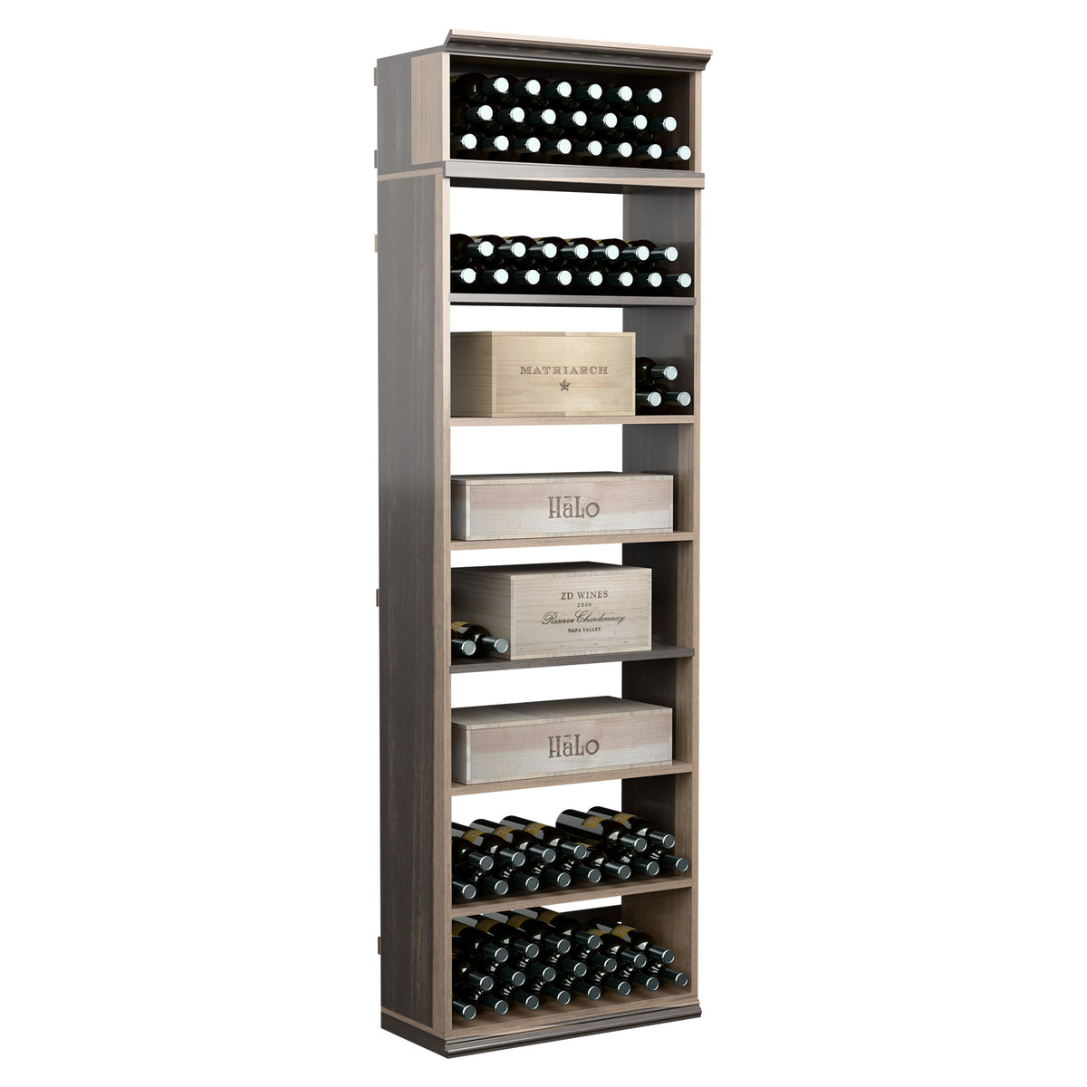Dark wood wine bottle storage cabinet with rows of bottle slots and open shelf compartments.