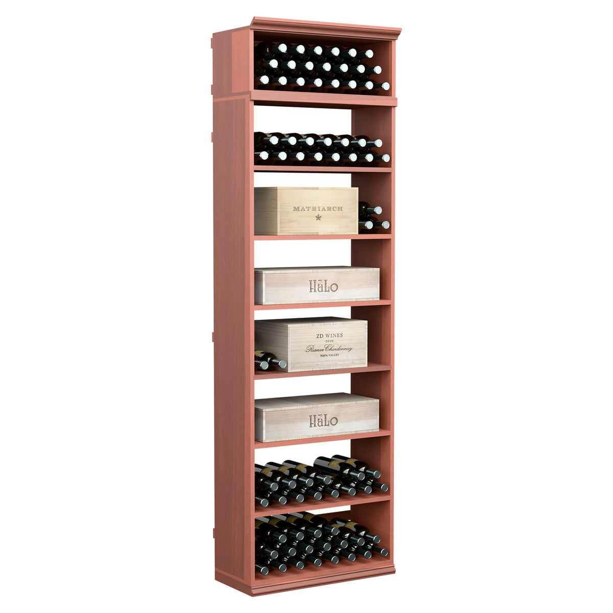 Red wood wine bottle storage cabinet with bottle racks, label display shelves, and base tray.