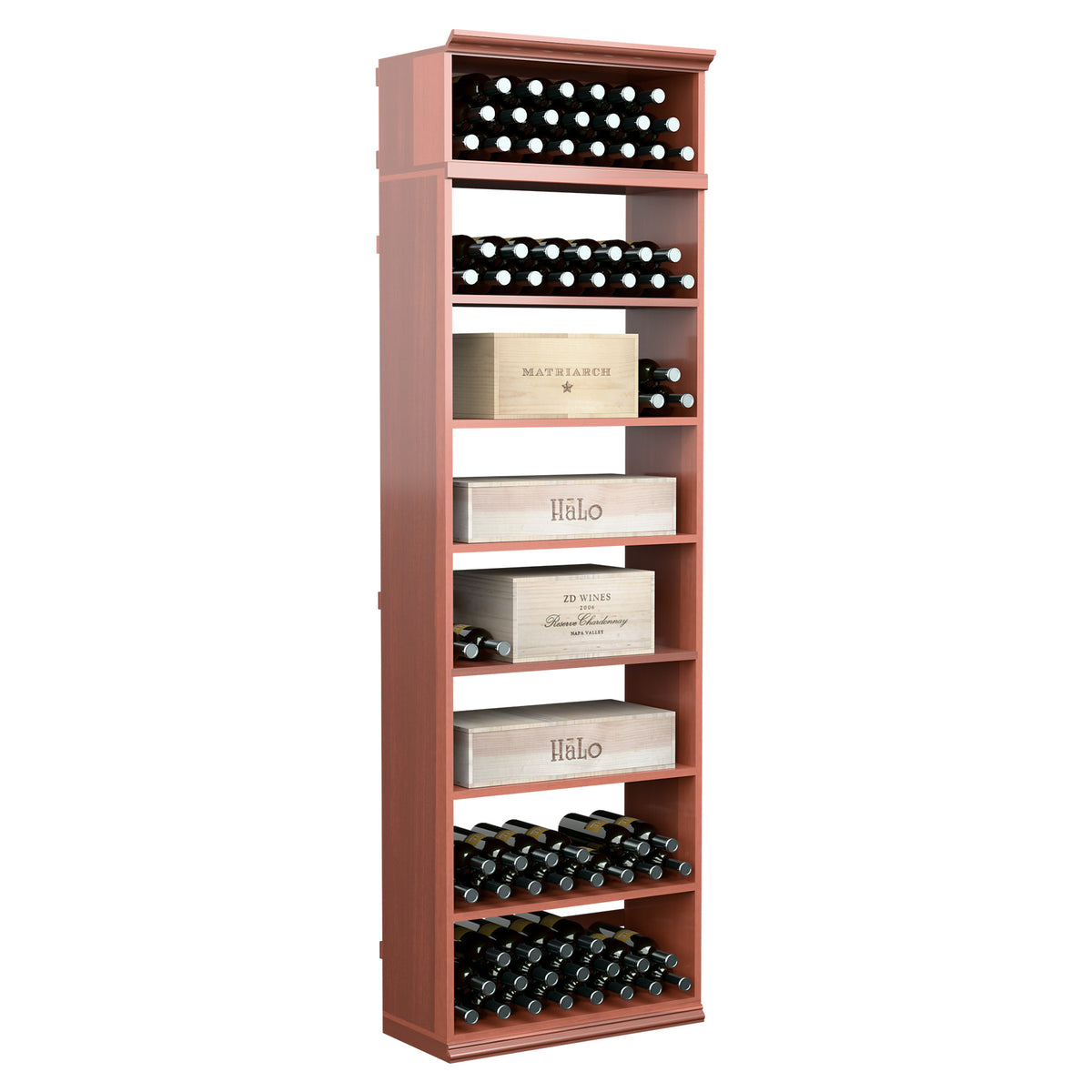 Red wood wine bottle storage cabinet with horizontal bottle rows and multiple label-facing shelves.