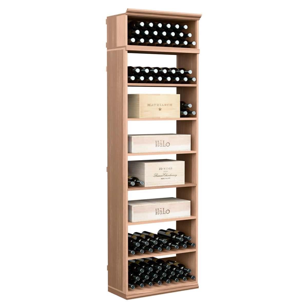 Light wood wine bottle storage cabinet with bottle racks, label shelves, and a bottom bottle row.
