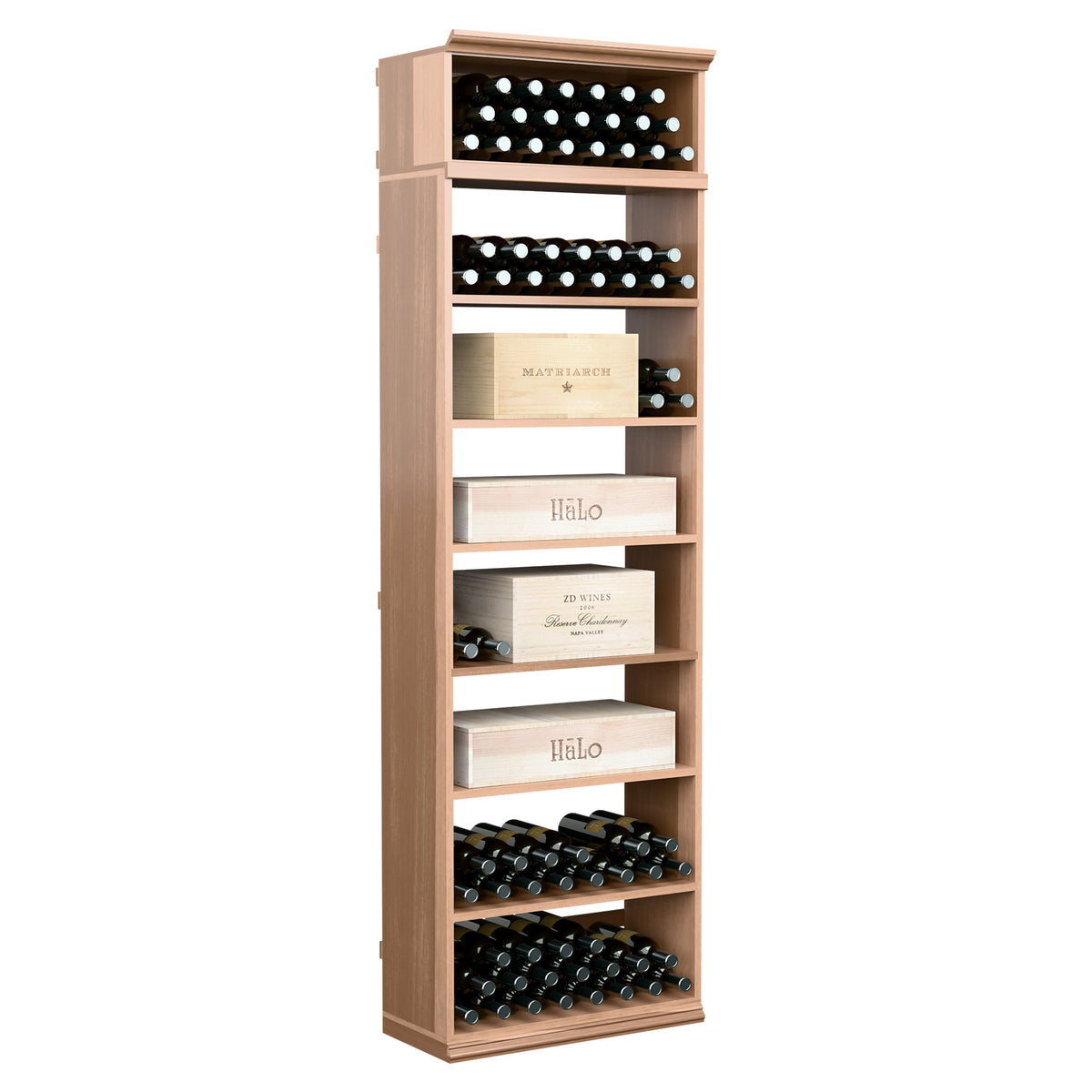 Light wood wine bottle storage cabinet with stacked bottle holders and open interior shelves.