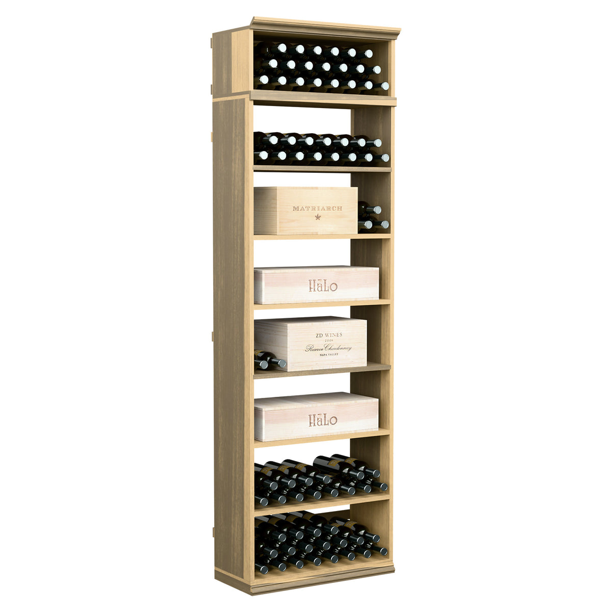 Light wood wine bottle storage cabinet with horizontal bottle racks and display shelves.