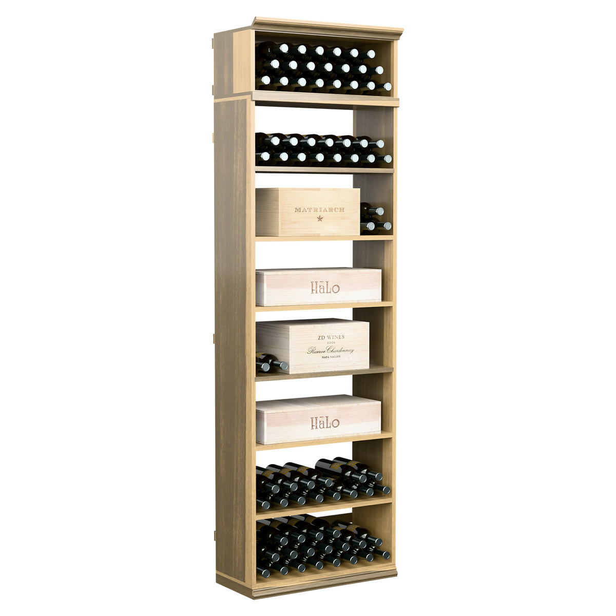 Light wood wine bottle storage cabinet with bottle slots, label shelves, and bottom storage rack.