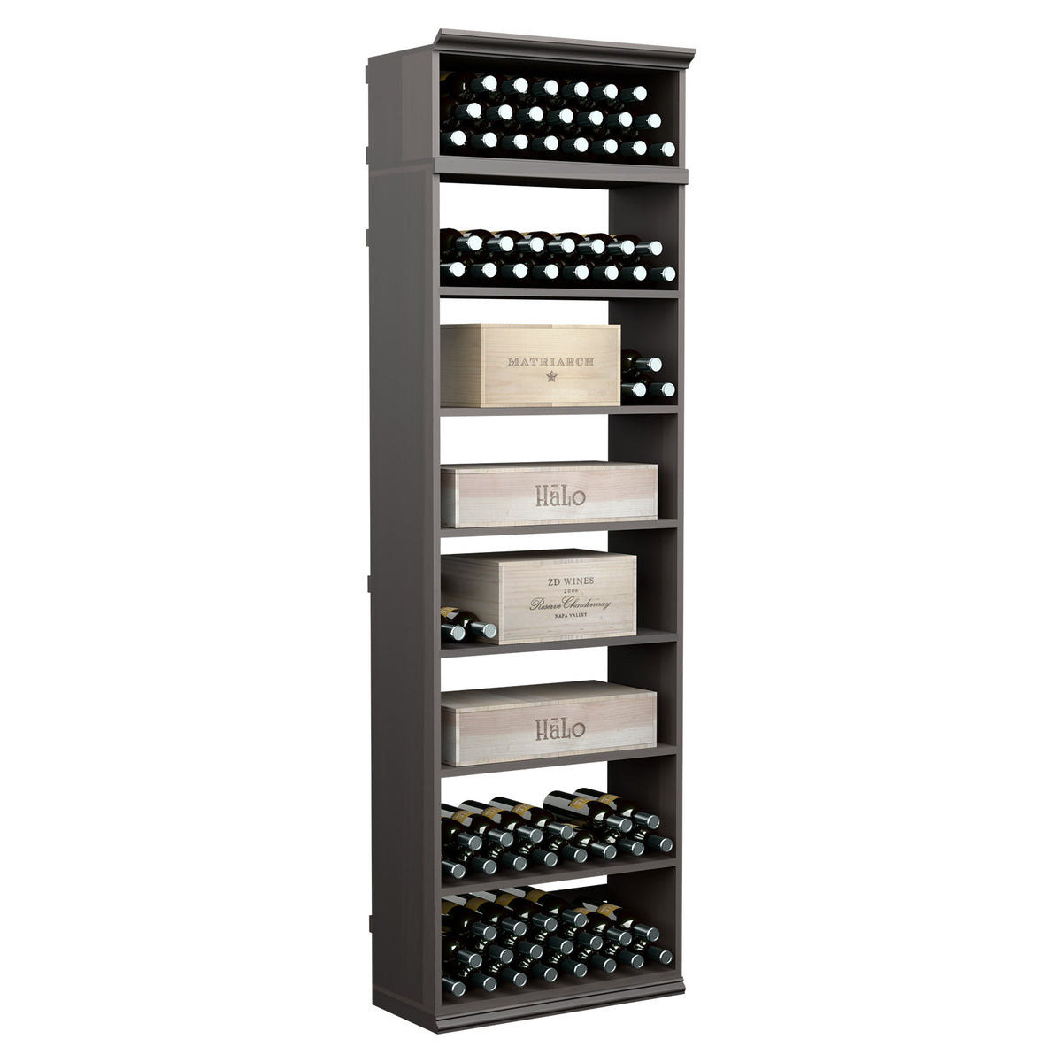 Dark wood wine bottle storage cabinet with open shelves and stacked bottle holder rows.