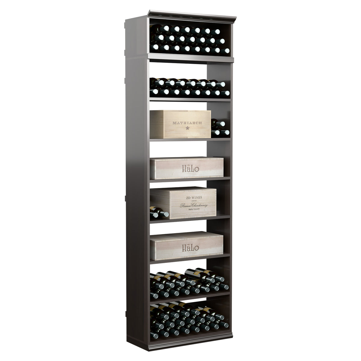 Dark wood wine bottle storage cabinet with bottle racks, label compartments, and bottom bottle tray.