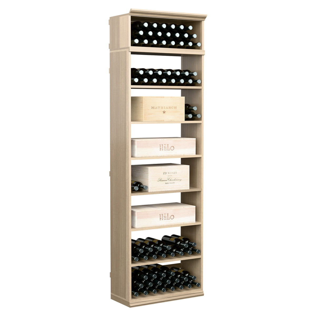 Rectangular wine bottle and case bin with open shelving and top bottle storage, light wood