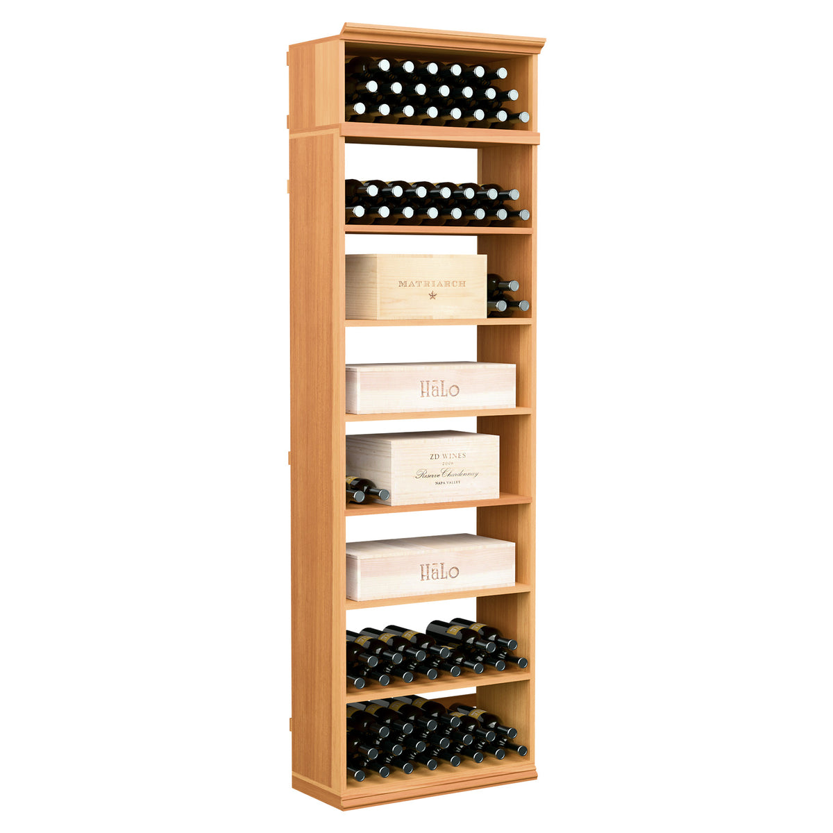 Rectangular wine bottle and case bin with open shelves and stacked bottle rows, natural wood