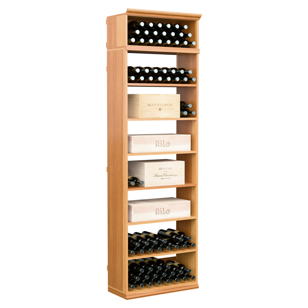 Rectangular wine bottle and case bin with open shelving and bottle racks, natural wood