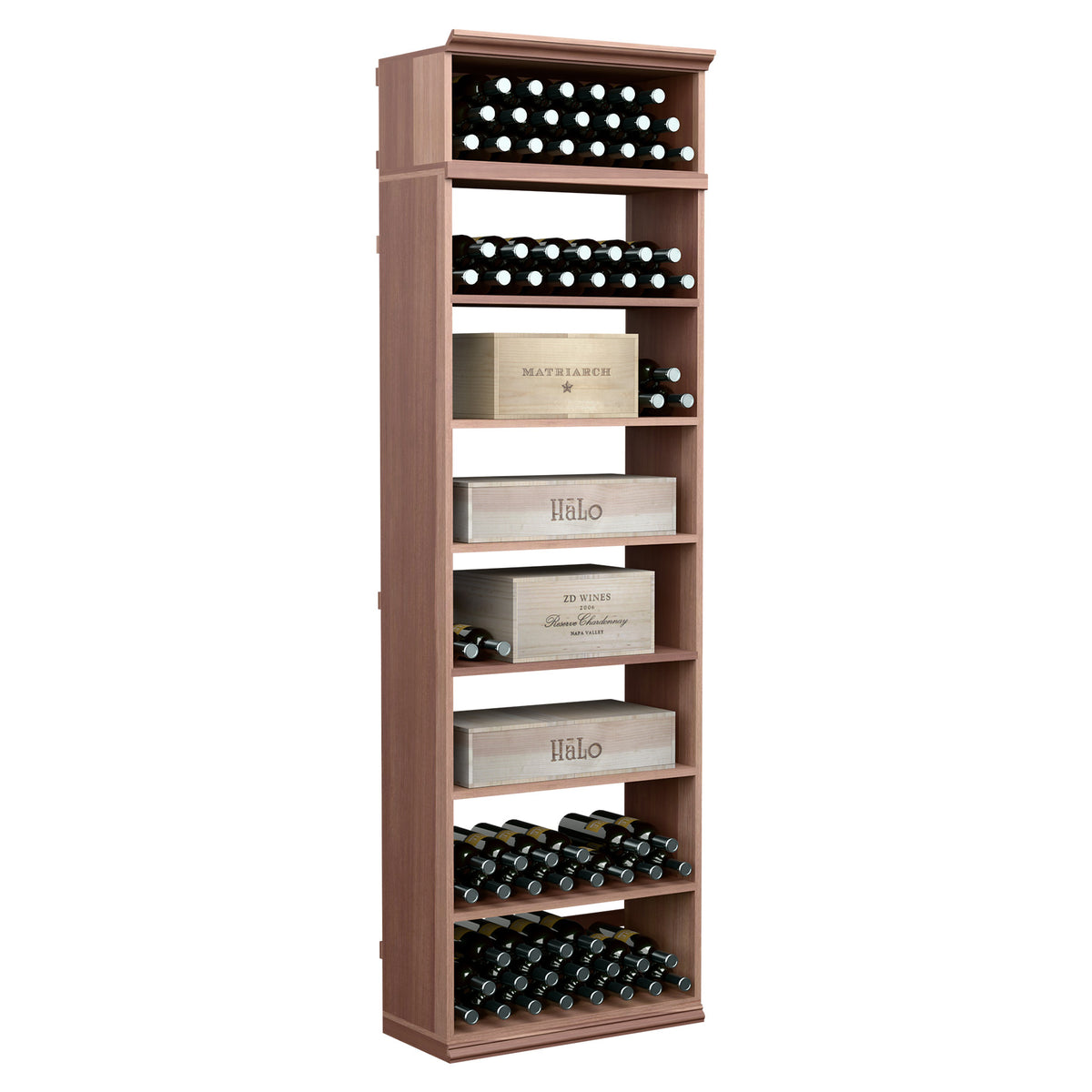 Rectangular wine bottle and case bin with open shelves and bottle rows, dark wood