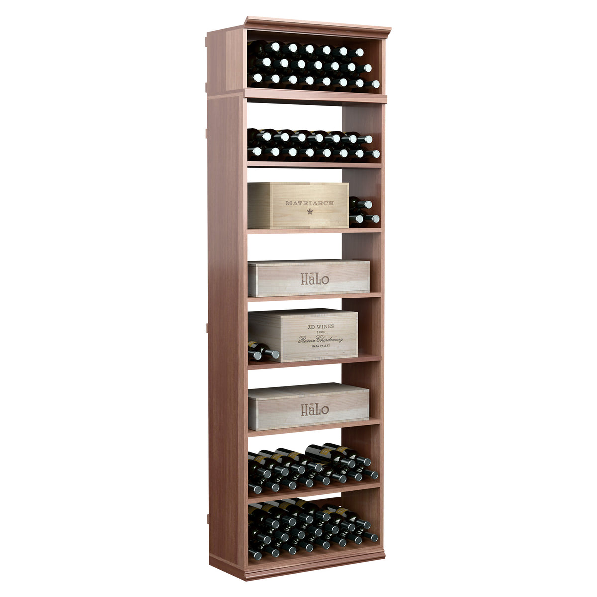 Rectangular wine bottle and case bin with open shelving and bottle storage, medium wood