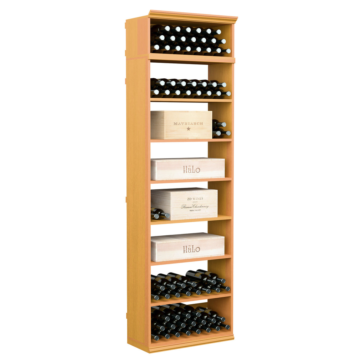 Rectangular wine bottle and case bin with open shelves and top bottle rows, light honey wood