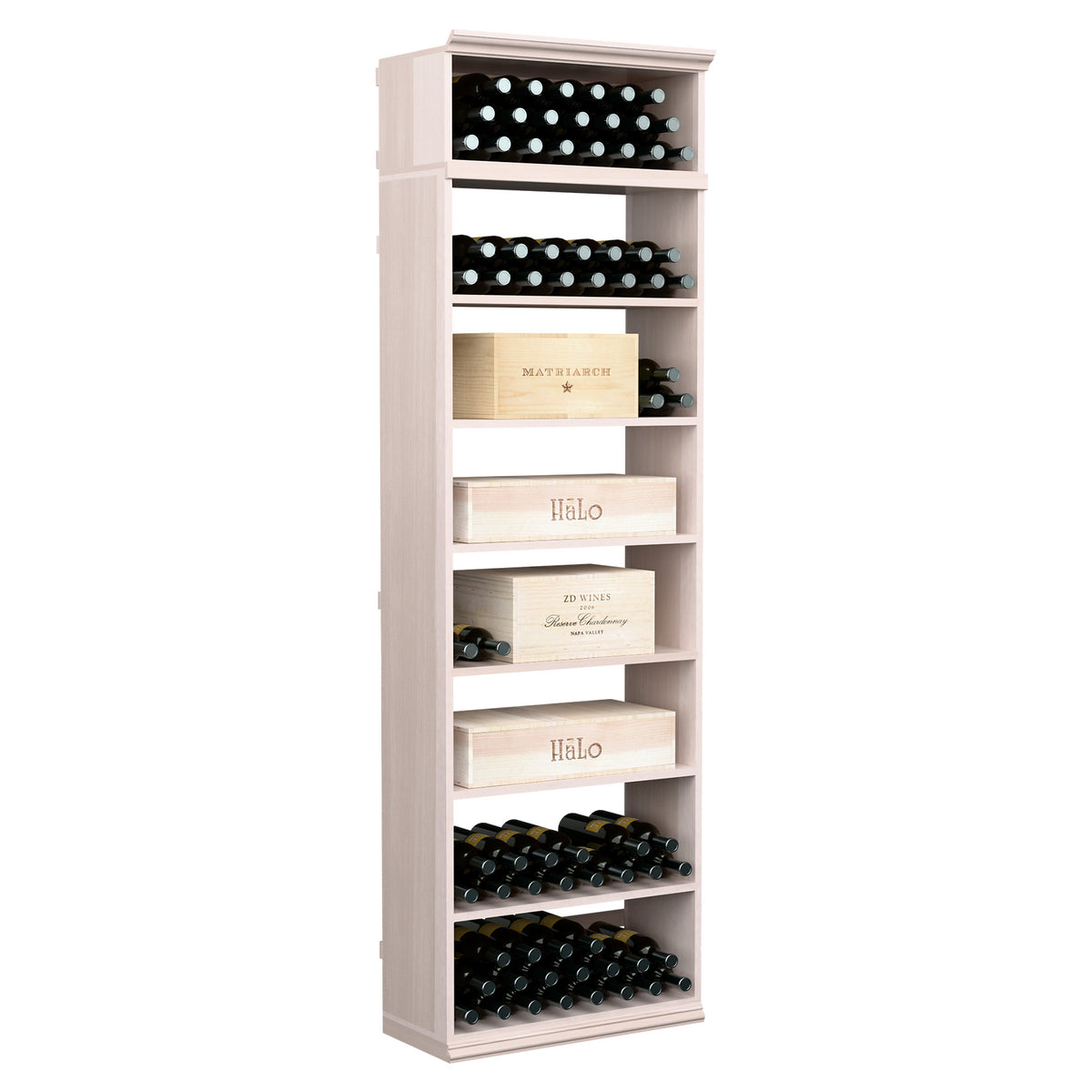 Rectangular wine bottle and case bin with open shelves and stacked bottles, light gray wood