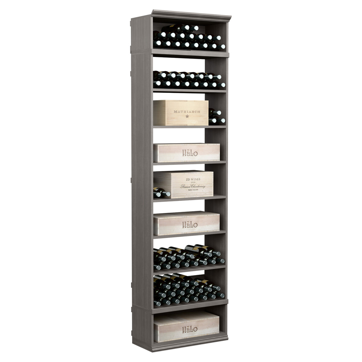 Gray wood wine and case storage bin with open shelves for bottles and labeled cases