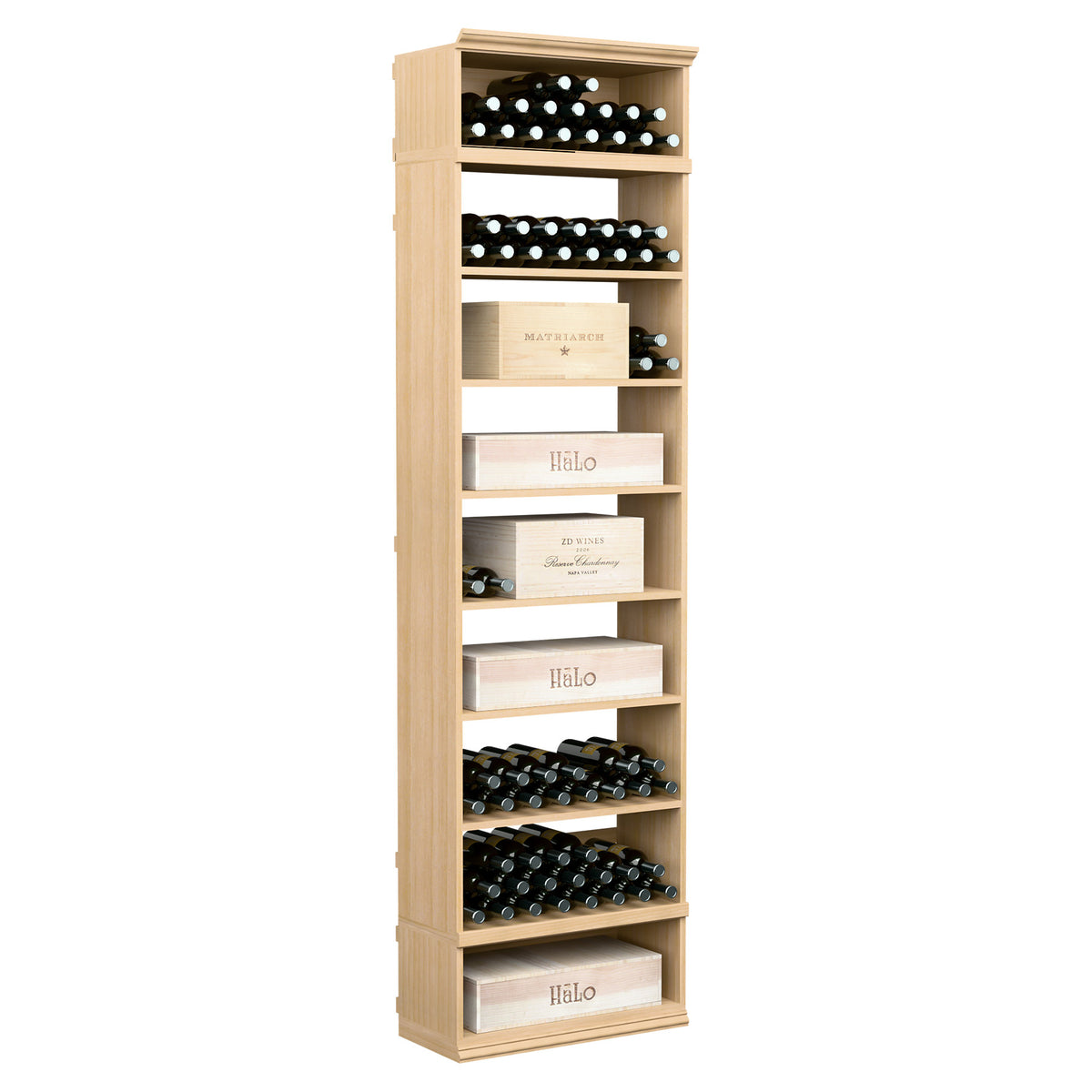 Light wood wine and case storage bin with open shelves for bottles and label-front cases