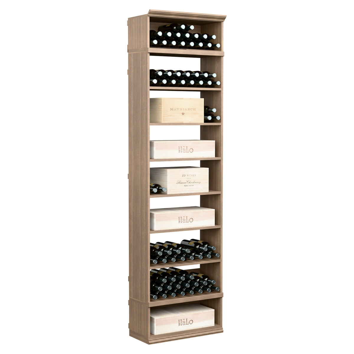 Light wood wine and case storage cabinet with open shelves for bottles and case labels