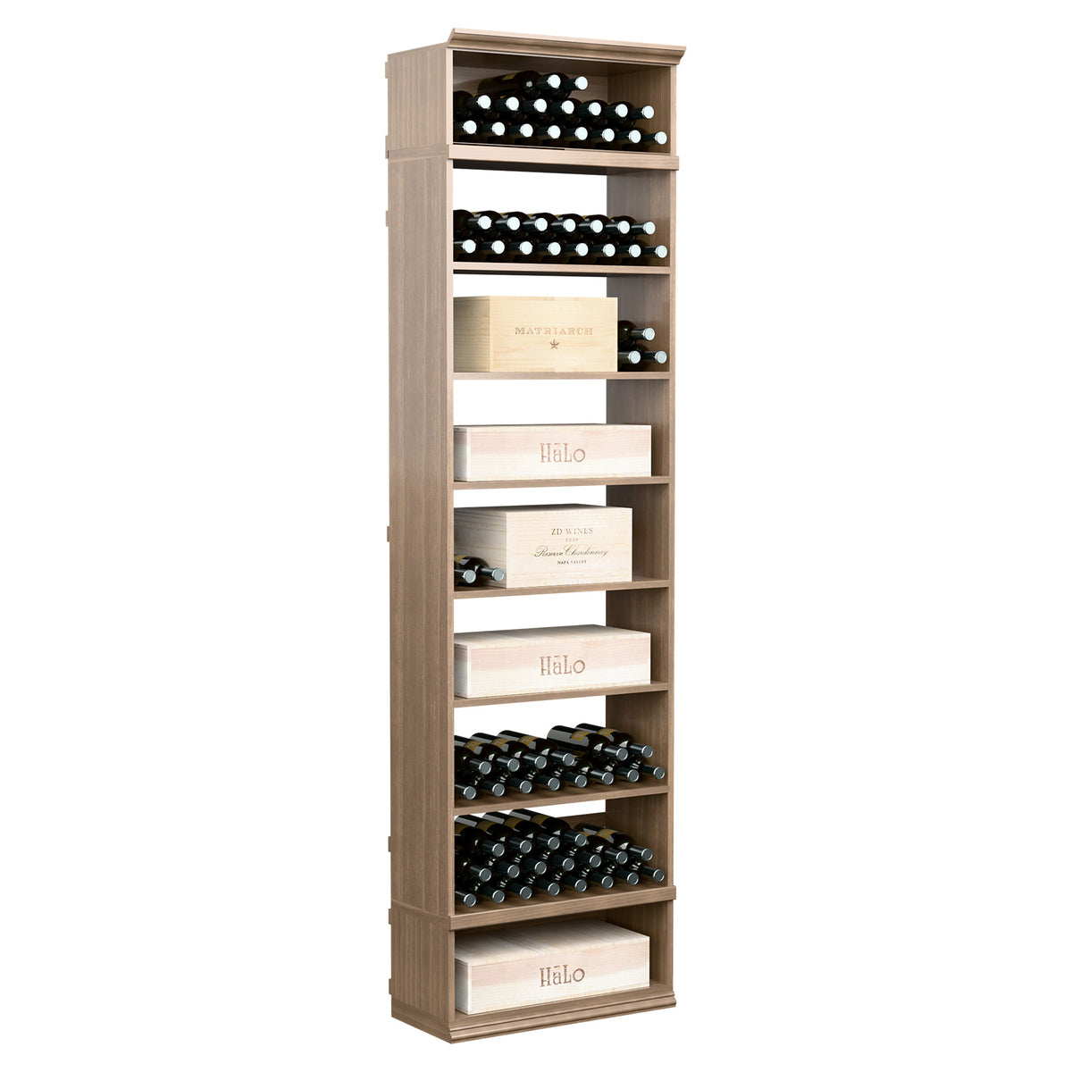 Light wood wine and case bin with bottle storage shelves and cubbies for boxed cases