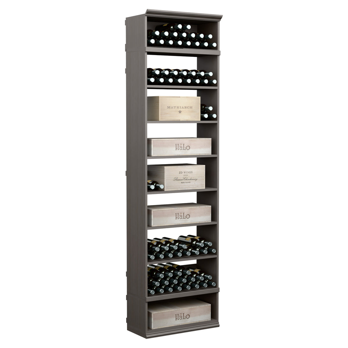 Dark gray wood wine and case storage bin with open shelves for bottles and cases