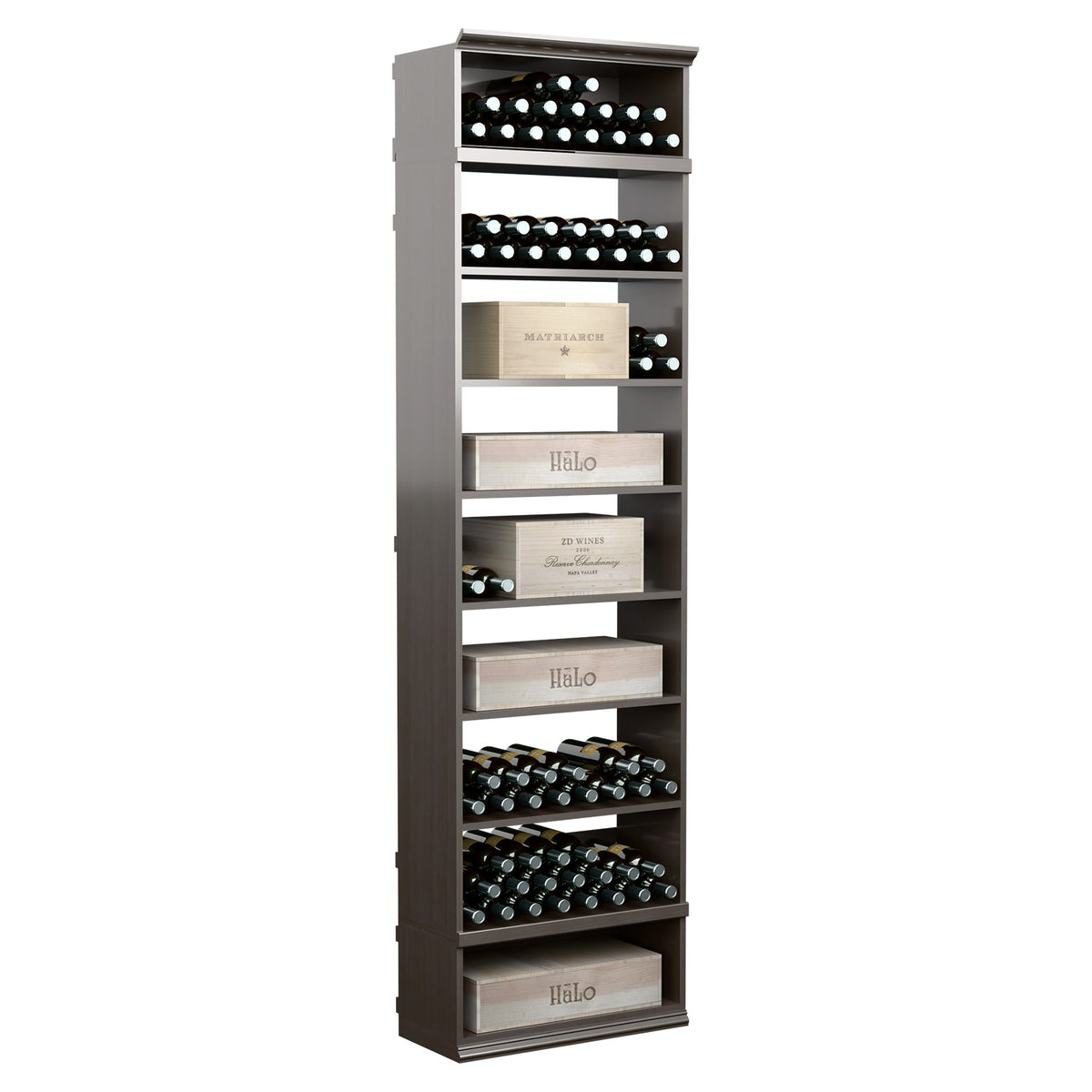 Dark gray rectangular wine and case bin with bottle rows and cubby-style case shelves