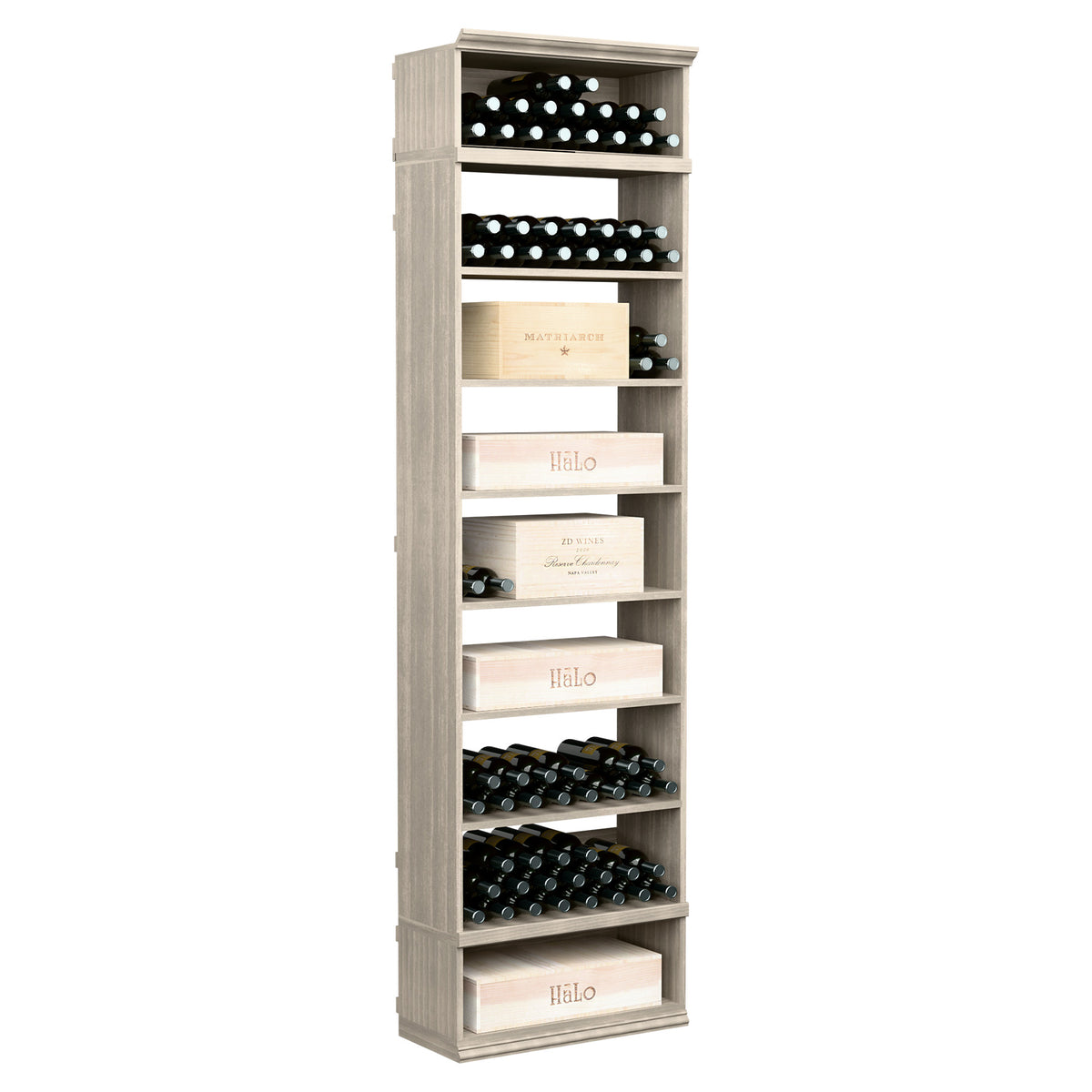 Tall wine bottle storage cabinet with open shelves, grey wood finish
