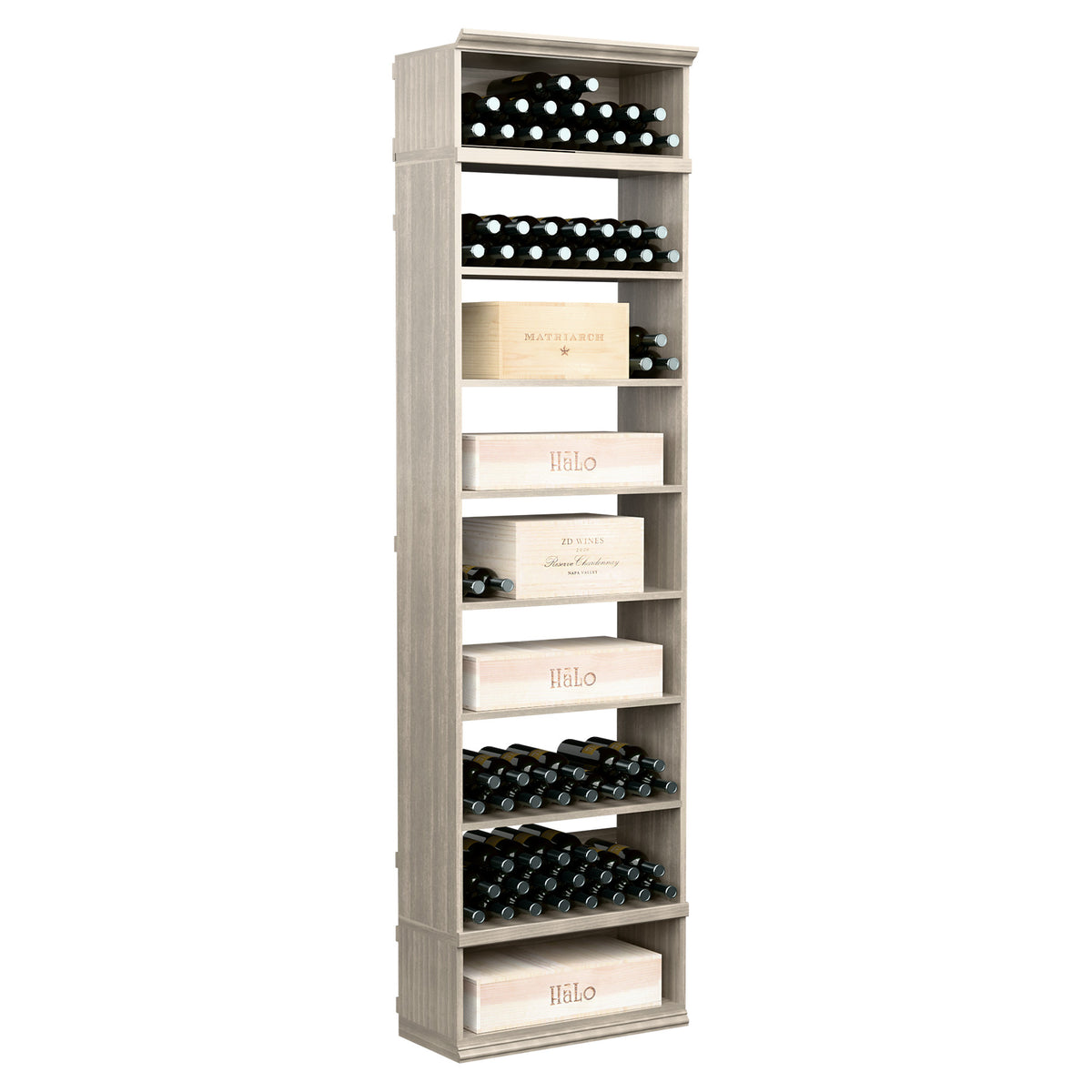 Tall wine bottle storage cabinet with open shelves, grey wood finish, rows of bottles