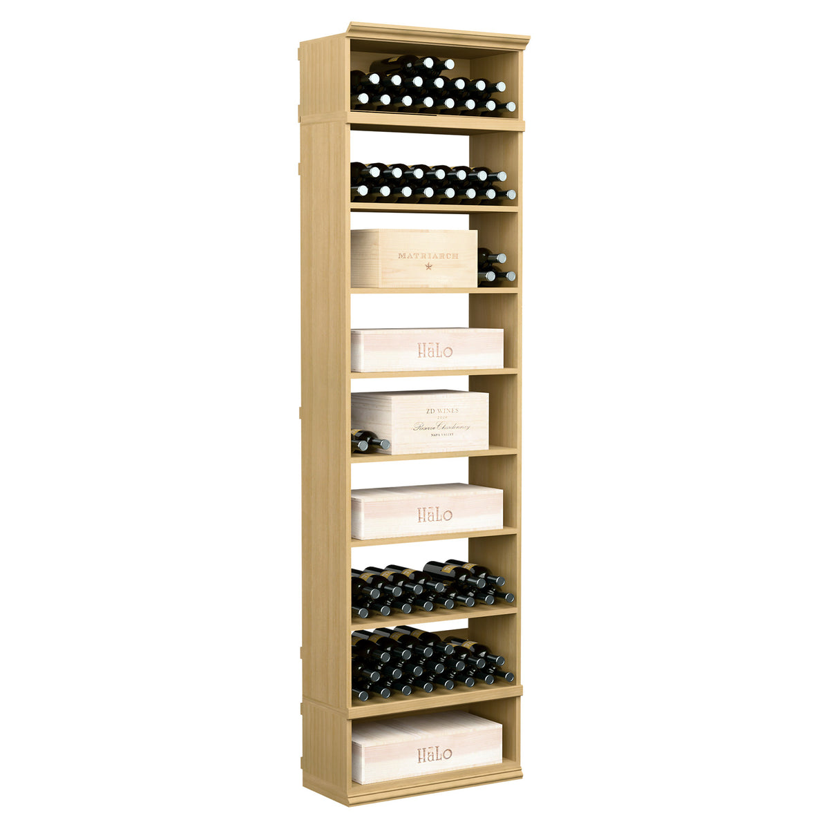 Tall wine bottle storage cabinet with open shelves, light natural wood finish