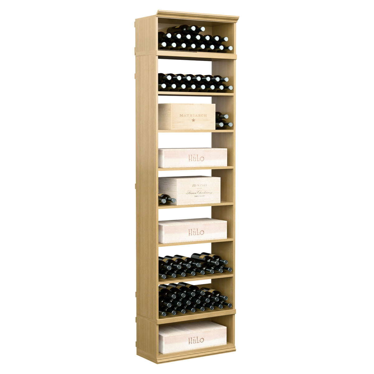 Tall wine bottle storage cabinet with open shelves, light natural wood finish, wine bottles
