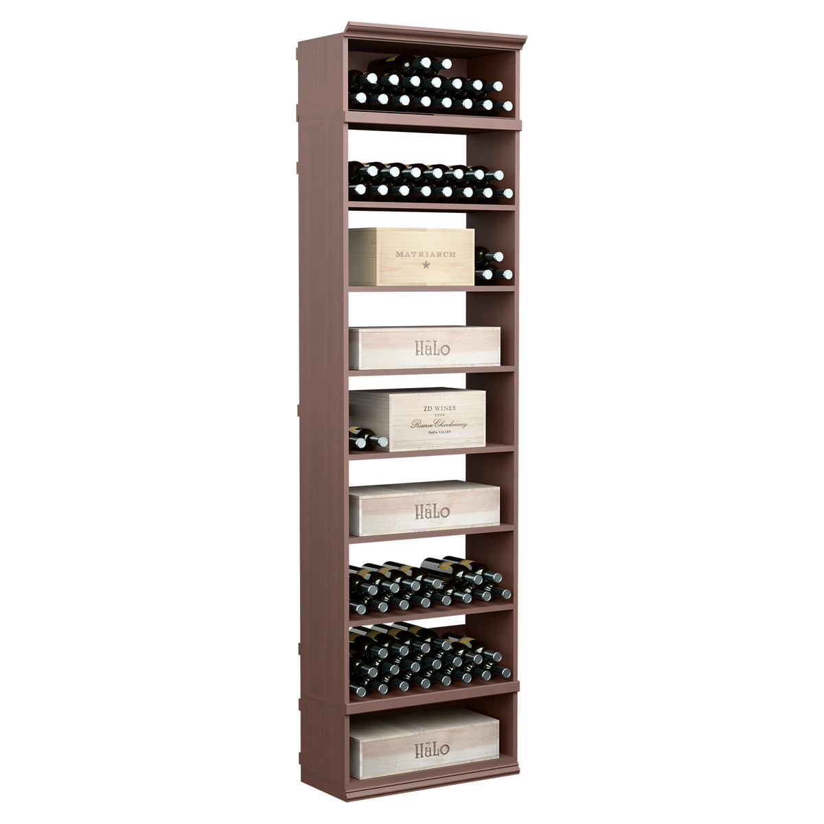 Tall wine bottle storage cabinet with open shelves, dark walnut wood finish