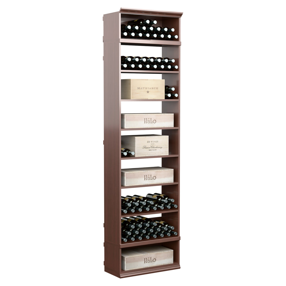 Tall wine bottle storage cabinet with open shelves, dark walnut wood finish, bottle rows