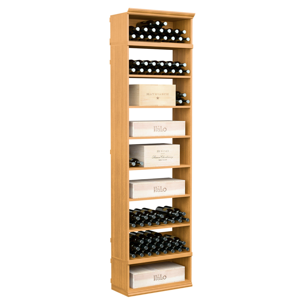 Tall wine bottle storage cabinet with open shelves, warm honey wood finish