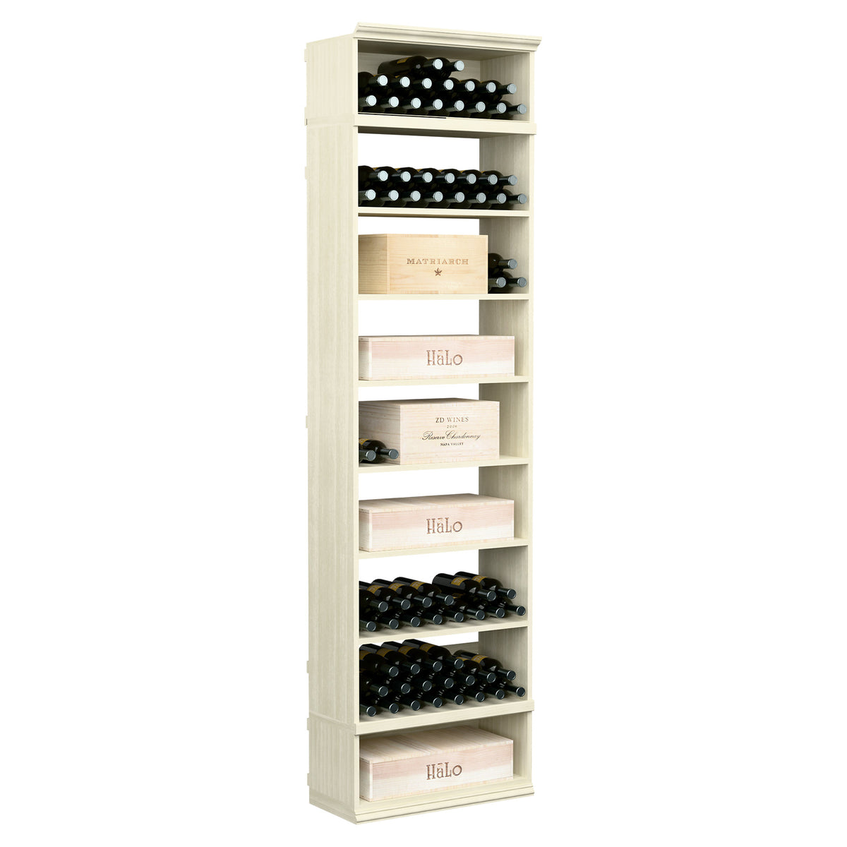 Tall wine bottle storage cabinet with open shelves, whitewashed wood finish
