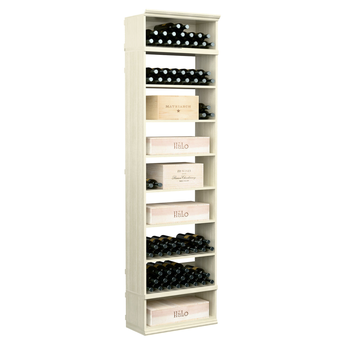 Tall wine bottle storage cabinet with open shelves, whitewashed wood finish, organized bottle slots