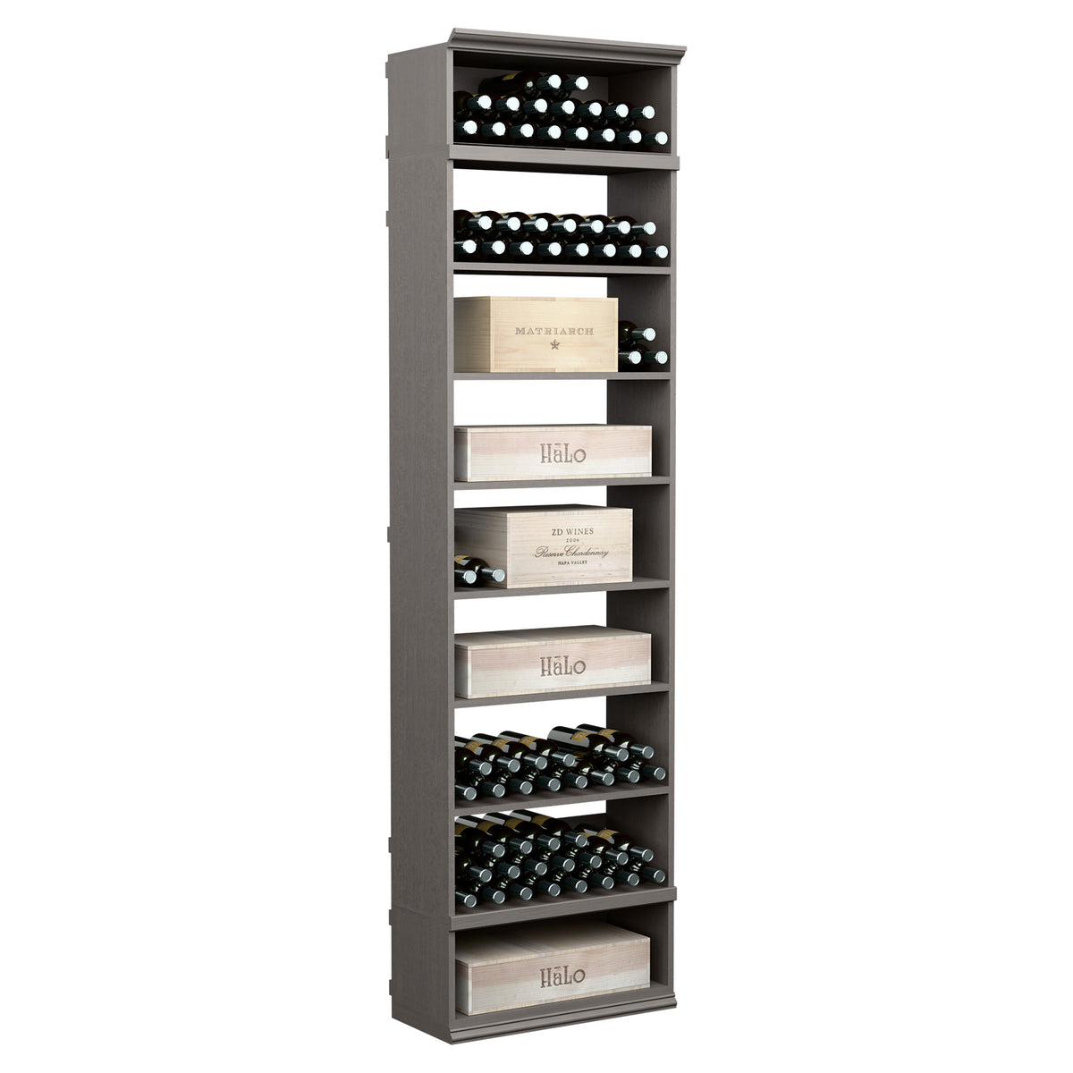Wine storage cabinet with front bottle racks and open shelves, dark gray finish