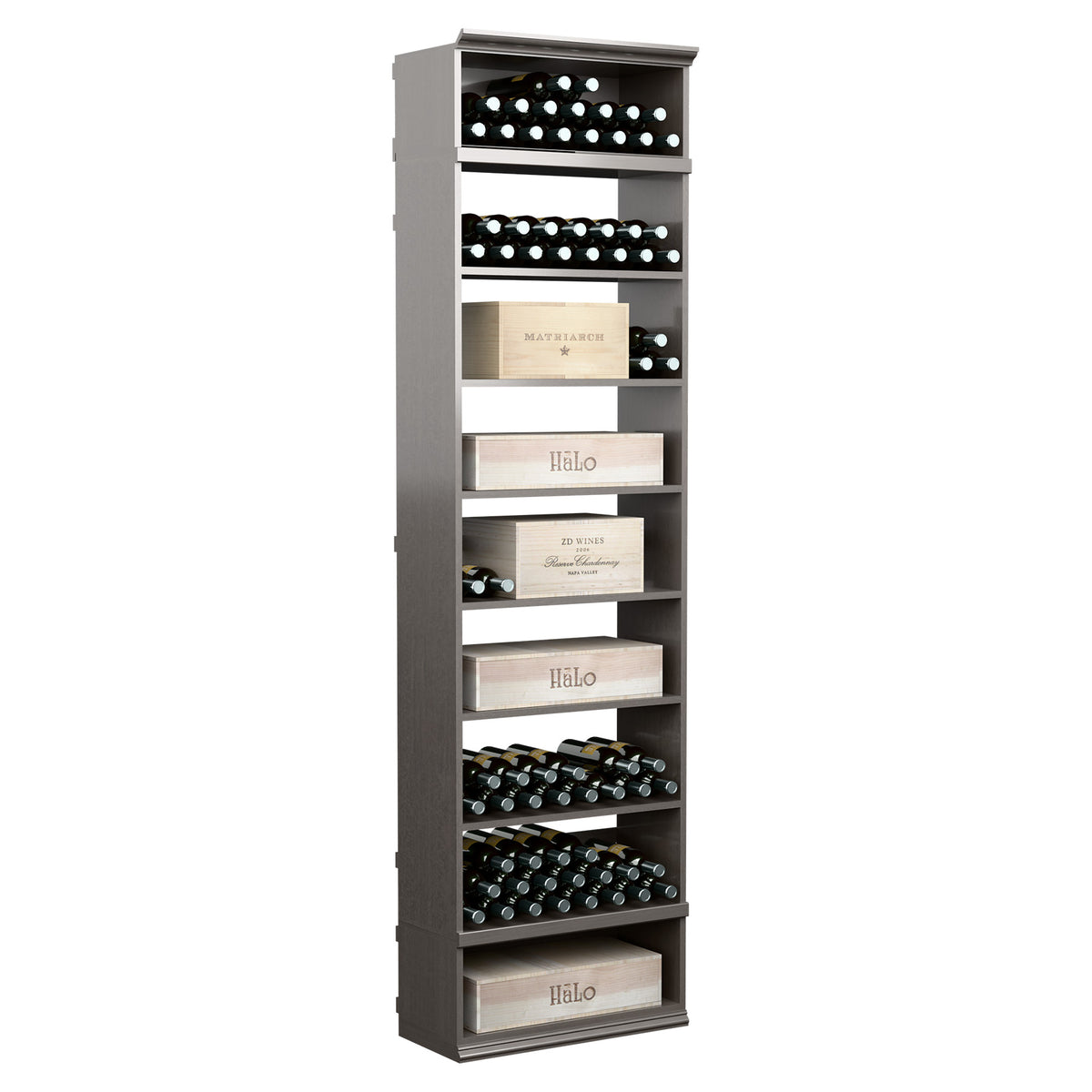 Wine storage cabinet with front bottle racks and open shelves, medium dark gray finish