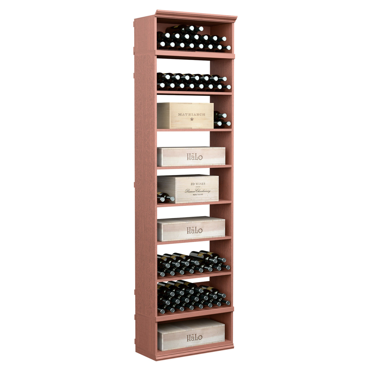 Wine storage cabinet with front bottle racks and open shelves, rosewood-red finish