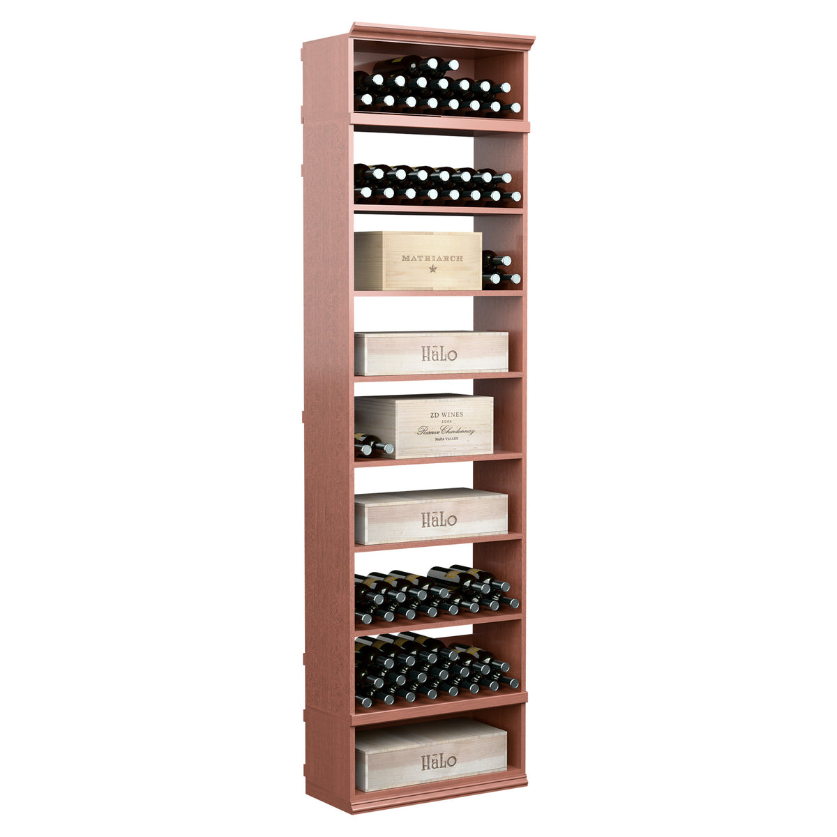 Wine storage cabinet with front bottle racks and open shelves, reddish wood finish