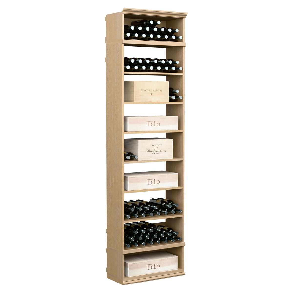 Wine storage cabinet with front bottle racks and open shelves, light beige wood finish