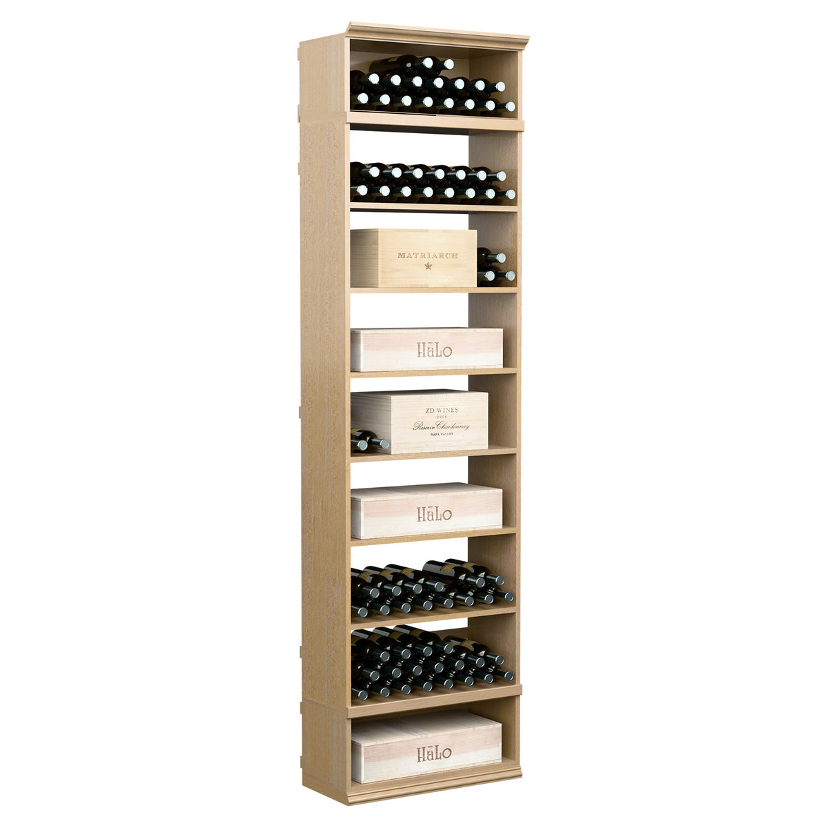 Wine storage cabinet with front bottle racks and open shelves, pale beige wood finish