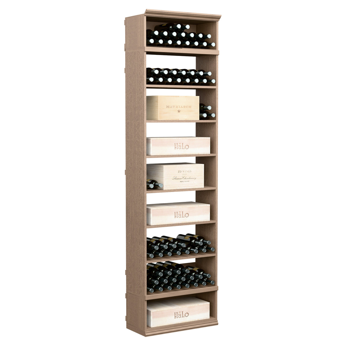 Wine storage cabinet with front bottle racks and open shelves, warm light wood finish