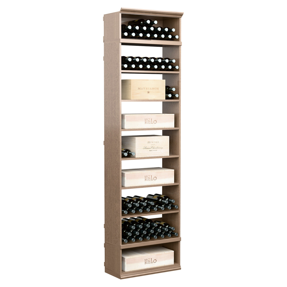 Wine storage cabinet with front bottle racks and open shelves, sand-colored wood finish