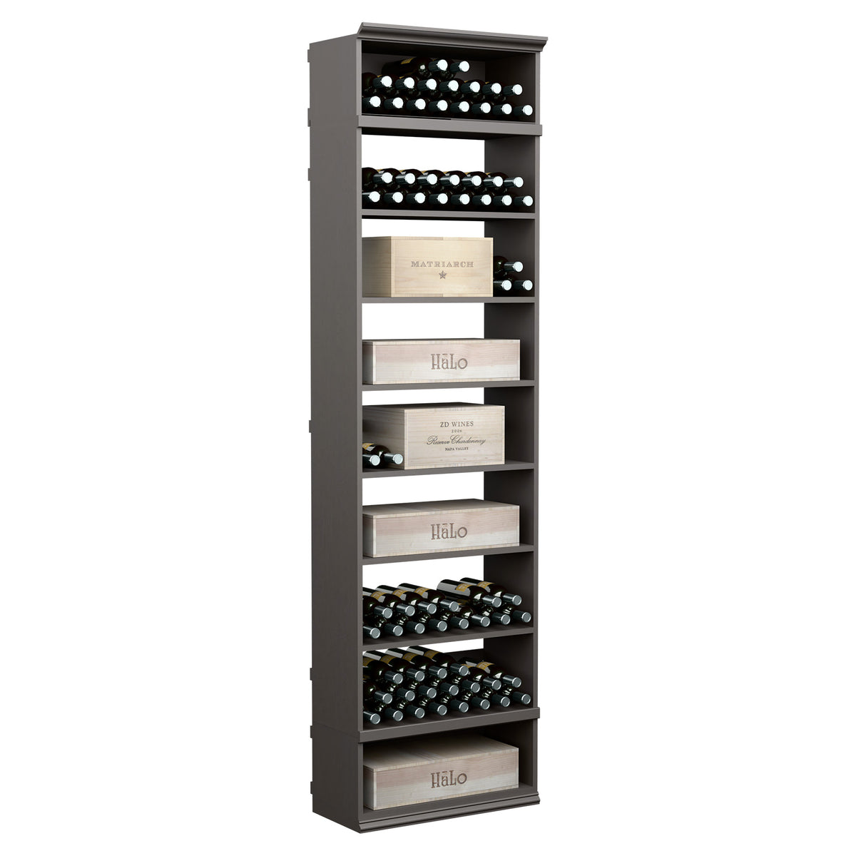 Wine storage cabinet with front bottle racks and open shelves, dark gray wood finish