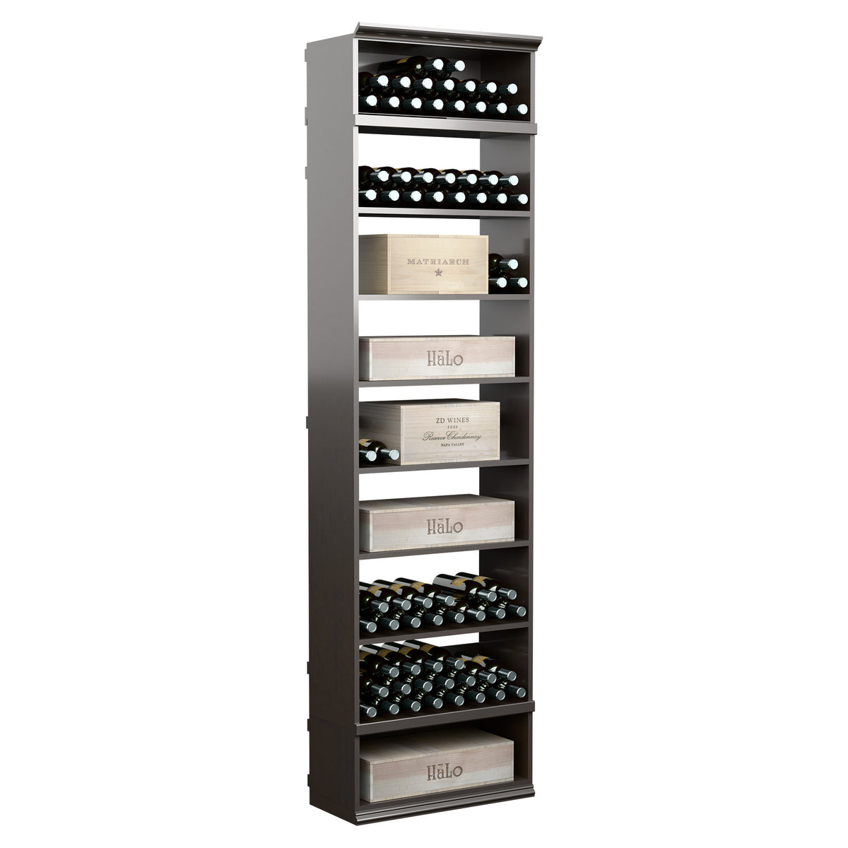 Wine storage cabinet with front bottle racks and open shelves, charcoal gray wood finish