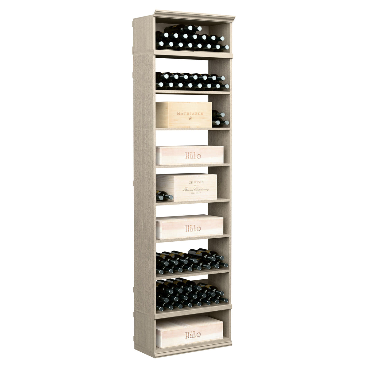 White-washed wood wine storage cabinet with open cubbies and bottle display shelves